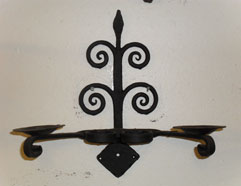 Double wall light / candle holder with hand forged scrolls & mottled forge finish